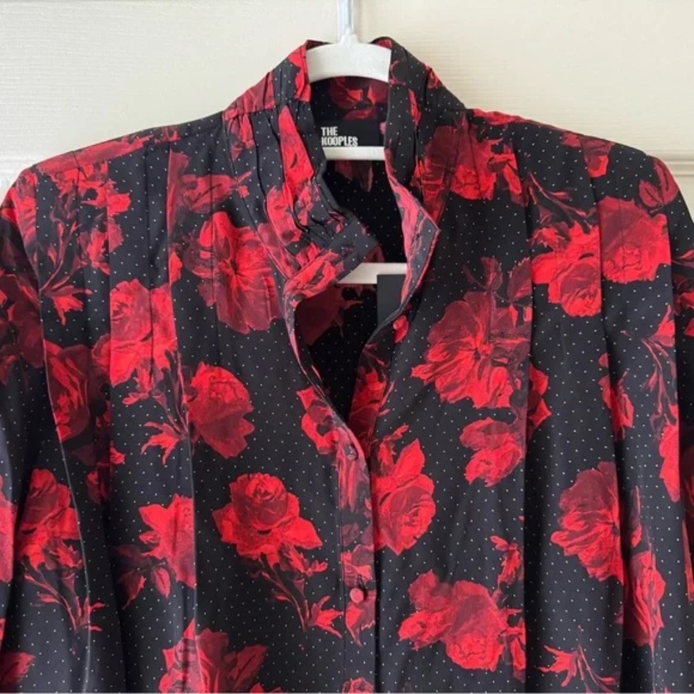 The Kooples Black w/ Red & White Floral Dot Print Silk Blouse Sz S NWT $365 - Picture 3 of 14